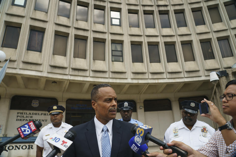 Former Philadelphia Police Commissioner Richard Ross speaks with the media outside Police Administration Building at 8th and Race in Philadelphia, Wednesday, Aug. 21, 2019. Ross abruptly resigned Tuesday, a day after a woman in the department claimed in a lawsuit that he allegedly ignored her claim of another officer's sexual harassment. (Jessica Griffin/The Philadelphia Inquirer via AP)