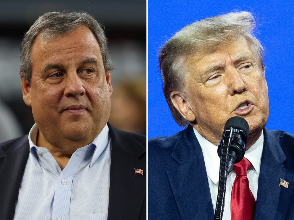 A composite image of Chris Christie (left) and Donald Trump. Christie is wearing a blue shirt and black blazer. Trump is wearing a red tie.