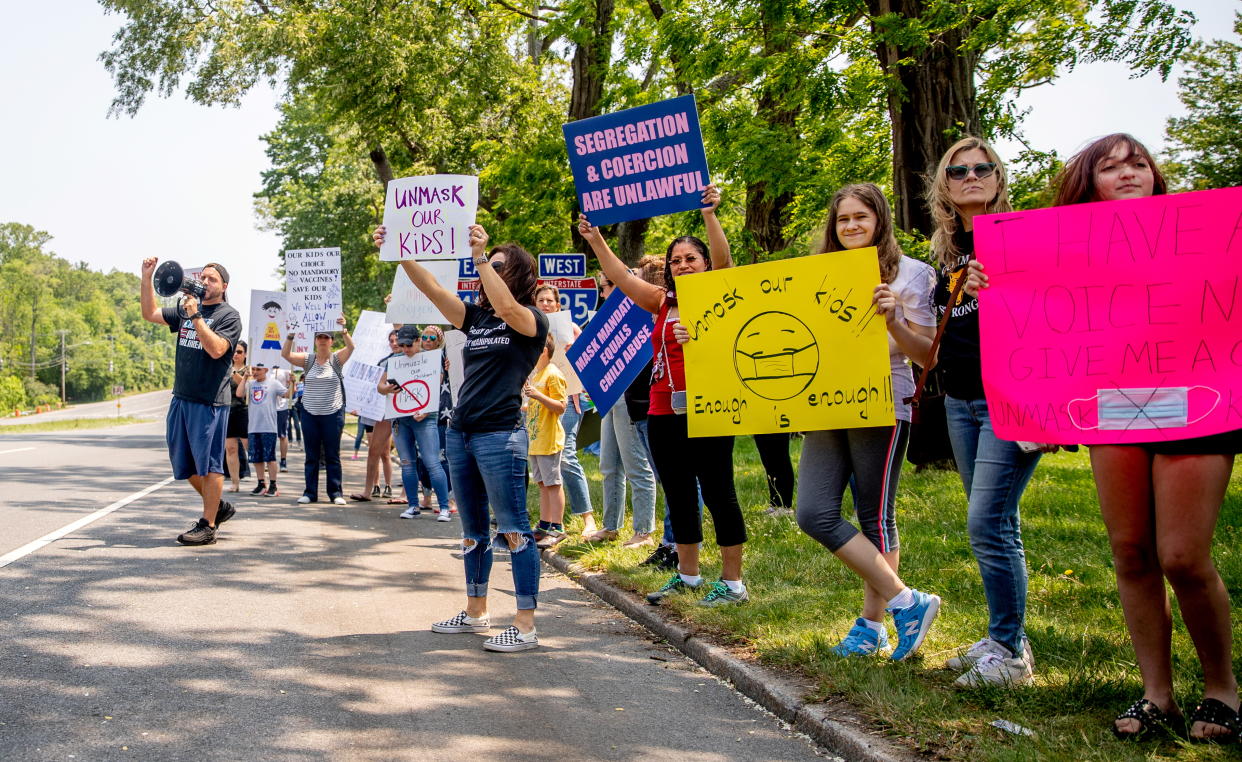 Protesters at a rally asking for a change in mask policy in schools on May 26, 2021 in Hauppauge, New York.  (Raychel Brightman/Newsday RM via Getty Images)