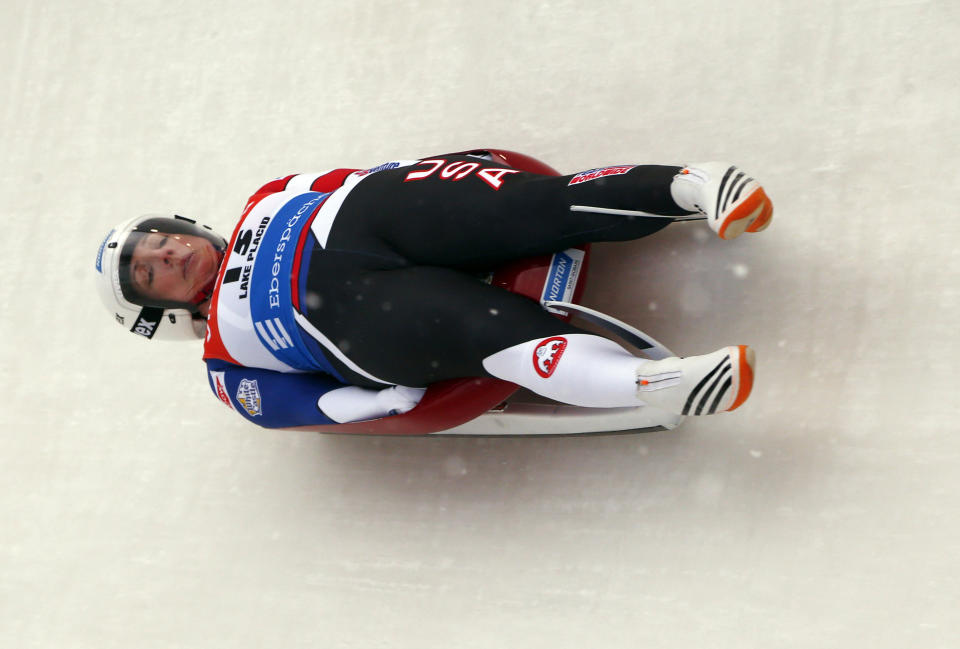 Erin Hamlin of the United States takes a curve during a World Cup luge event in Lake Placid, N.Y., on Saturday, Dec. 16, 2017. (AP Photo/Peter Morgan)