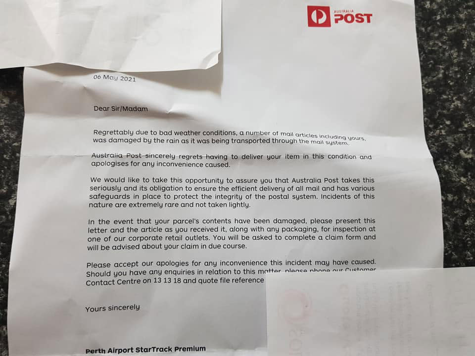 A letter from Australia Post to a customer informing her why her package was damaged. 