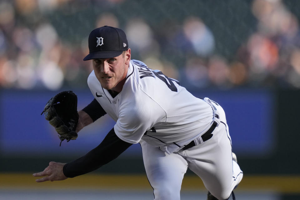 Detroit Tigers starting pitcher Joey Wentz throws during the first inning of a baseball game against the Chicago White Sox, Friday, May 26, 2023, in Detroit. (AP Photo/Carlos Osorio)