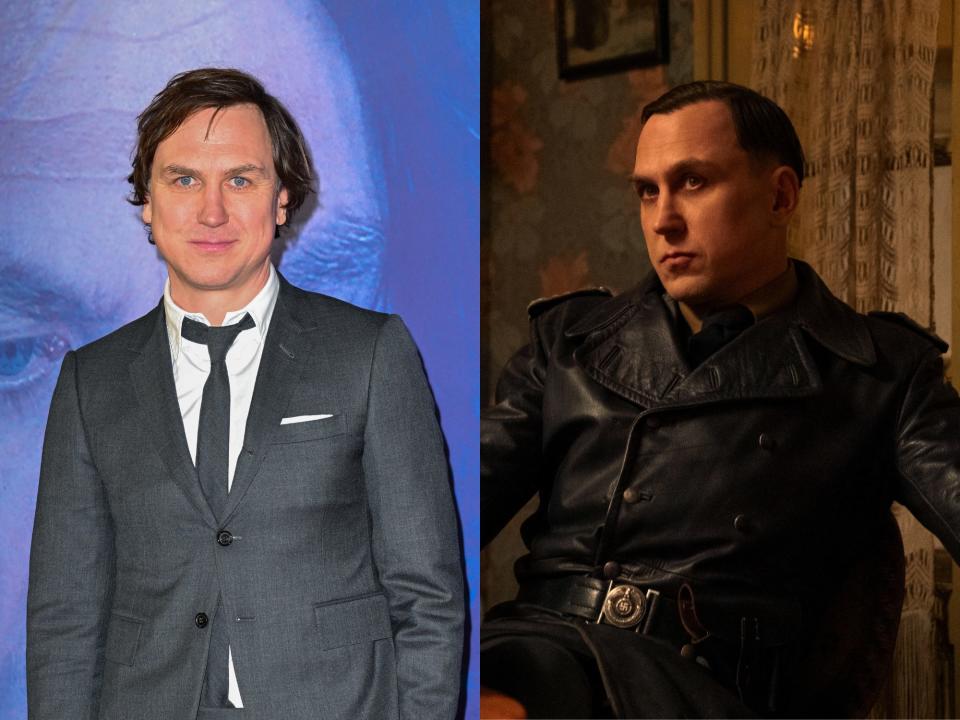 left: lars eidinger wearing a grey suit and grey tie on a red carpet, smiling slightly; right: eidinger as von rumpel in all the light we cannot see, wearing a leather coat and with slicked back hair and a severe expression on his face