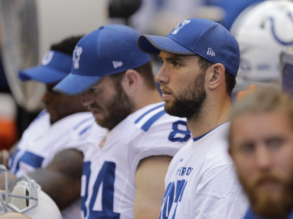 Waiting game: No one seems quite sure when Andrew Luck will return to the field for the Colts. (AP)