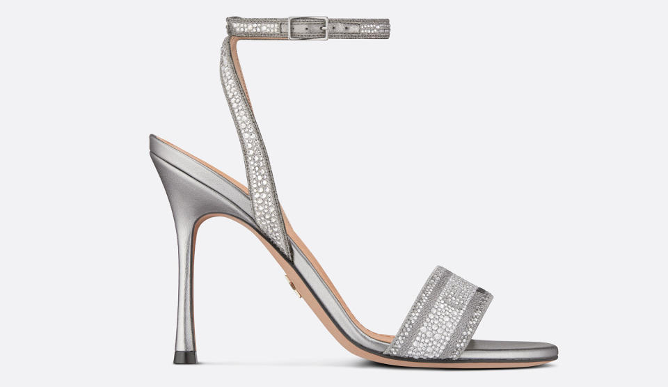 Dior, heels, high heels, sandals, heeled sandals, silver sandals, metallic sandals, shiny sandals, crystal sandals, sparkly sandals