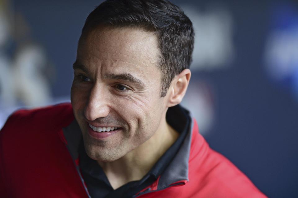 Chris Antonetti answers questions during a Cleveland workout in 2017.