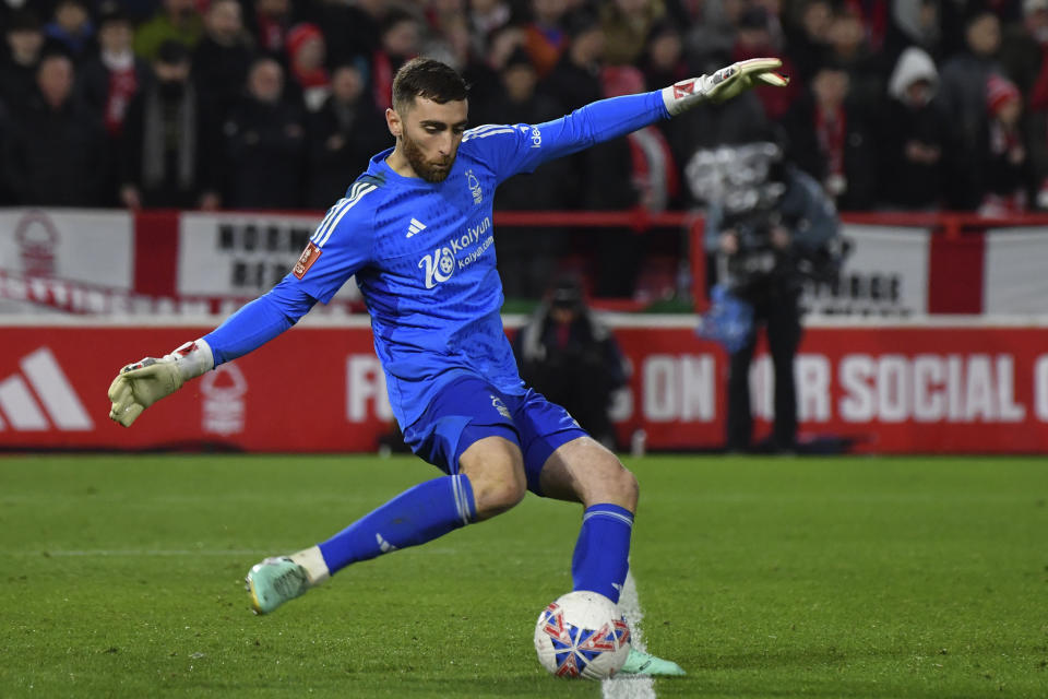 Nottingham Forest's goalkeeper Matt Turner kicks the ball during the English FA Cup fifth round soccer match between Nottingham Forest and Manchester United at City ground in Nottingham, England, Wednesday, Feb. 28, 2024. (AP Photo/Rui Vieira)