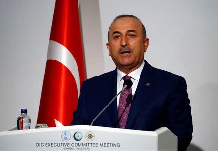 Turkish Foreign Minister Mevlut Cavusoglu speaks during a news conference after an extraordinary meeting of the OIC Executive Committee in Istanbul, Turkey, August 1, 2017. REUTERS/Murad Sezer/Files