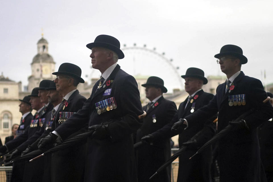 Veterans arriving at the Saluting Base in Horse Guards during the Remembrance Sunday service at the Cenotaph in London, Sunday, Nov. 12, 2023. Every year, members of the British Royal family join politicians, veterans and members of the public to remember those who have died in combat. (Victoria Jones/PA via AP)