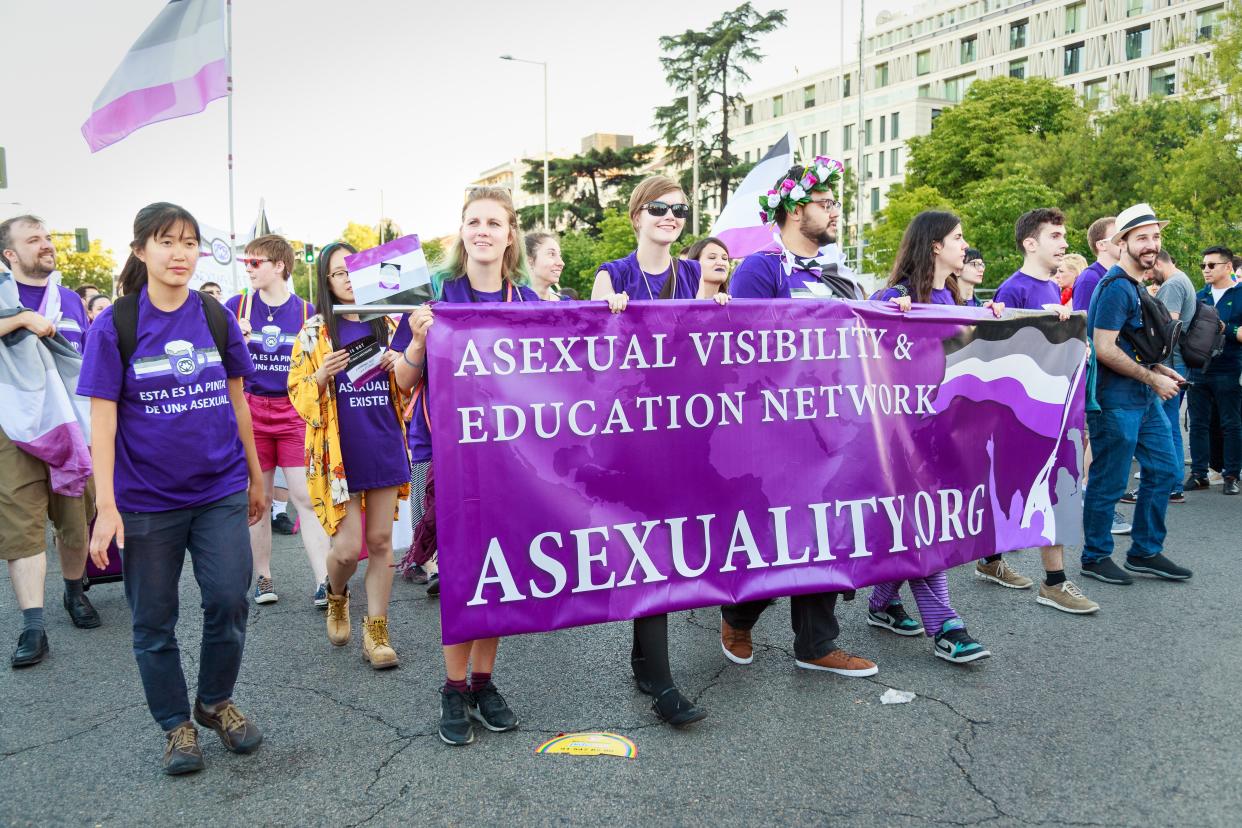 <span class="caption">Des asexuels défilent à la WorldPride de Madrid, en 2017.</span> <span class="attribution"><a class="link " href="https://upload.wikimedia.org/wikipedia/commons/7/72/Asexuals_at_WorldPride_2017_Madrid.jpg" rel="nofollow noopener" target="_blank" data-ylk="slk:Wikipédia;elm:context_link;itc:0;sec:content-canvas">Wikipédia</a>, <a class="link " href="http://creativecommons.org/licenses/by-sa/4.0/" rel="nofollow noopener" target="_blank" data-ylk="slk:CC BY-SA;elm:context_link;itc:0;sec:content-canvas">CC BY-SA</a></span>