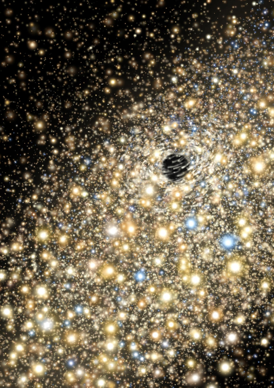 This undated image provided by the Gemini Observatory via the journal Nature shows an artist's conception of stars moving in the central regions of a giant elliptical galaxy that harbors a supermassive black hole. (AP Photo/Gemini Observatory, AURA artwork by Lynette Cook via Nature)