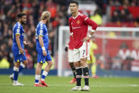 Manchester United's Cristiano Ronaldo reacts at the end of the English Premier League soccer match between Manchester United and Everton, at Old Trafford, Manchester, England, Saturday, Oct. 2, 2021. The match ended in a 1-1 draw. (AP Photo/Dave Thompson)