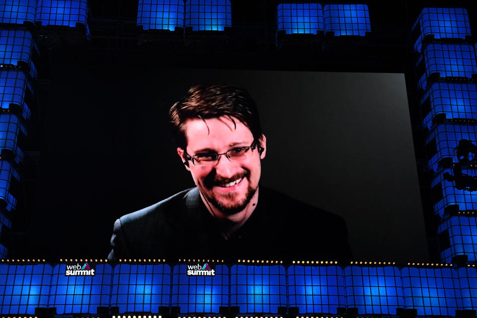 LISBON , PORTUGAL - 4 November 2019; Edward Snowden, President, Freedom of the Press Foundation, on Centre Stage during the opening night of Web Summit 2019 at the Altice Arena in Lisbon, Portugal. (Photo By Piaras Ó Mídheach/Sportsfile for Web Summit via Getty Images)