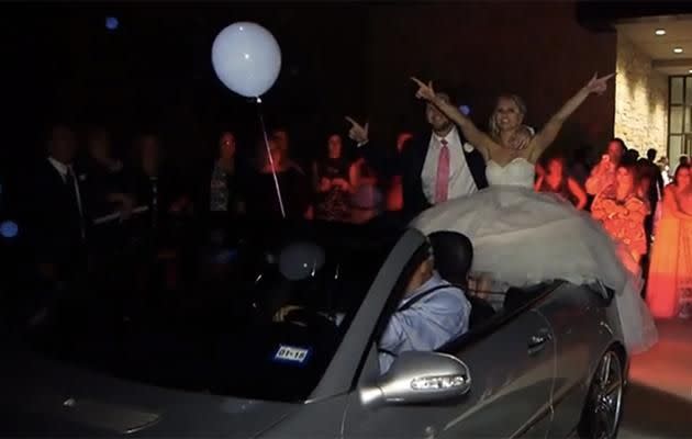 Hana Haka Noland and her new husband Tyler Noland, from Texas, can be seen in the footage perched atop the hood of a silver, convertible car. Photo: YouTube