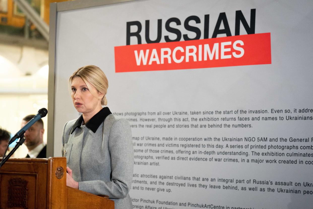 Ukraine's First Lady Olena Zelenska speaks during the opening of a Russian war crimes exhibition at Portcullis House in London on November 29, 2022. (Photo by James Manning / POOL / AFP) (Photo by JAMES MANNING/POOL/AFP via Getty Images)