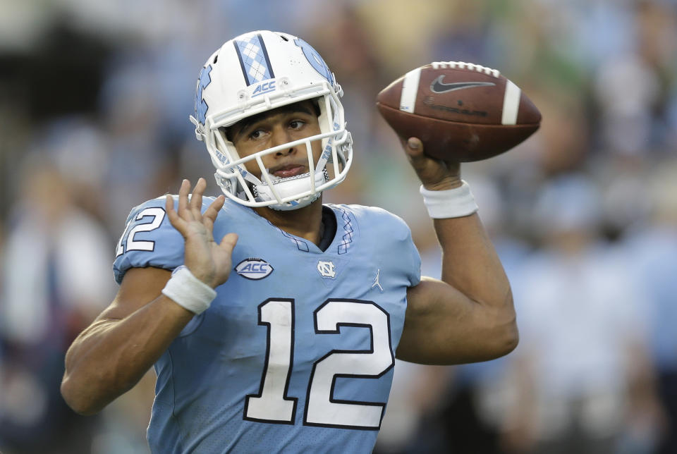 North Carolina quarterback Chazz Surratt is one of nine players suspended for four games in 2018. (AP Photo/Gerry Broome)