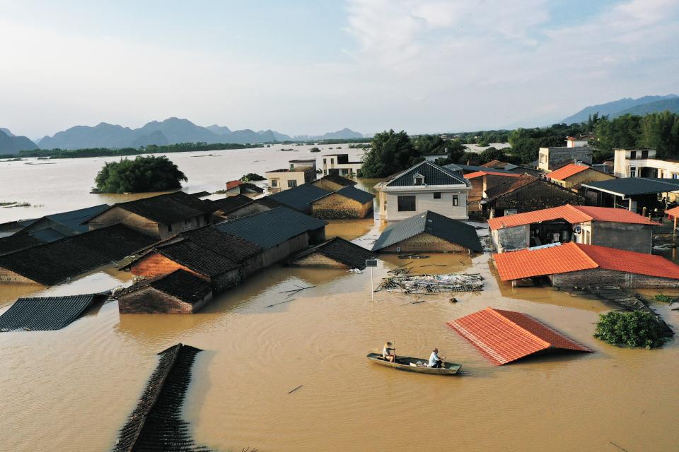 Aerial view of a flood-hit township after torrential rains on June 22, 2022 in Yingde, Qingyuan City, Guangdong Province of China