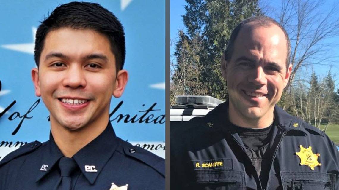Sheriff’s deputy Dom Calata, left, and then-Sgt. Rich Scaniffe, right, were shot during a SWAT operation in 2022. Calata died of his injuries.