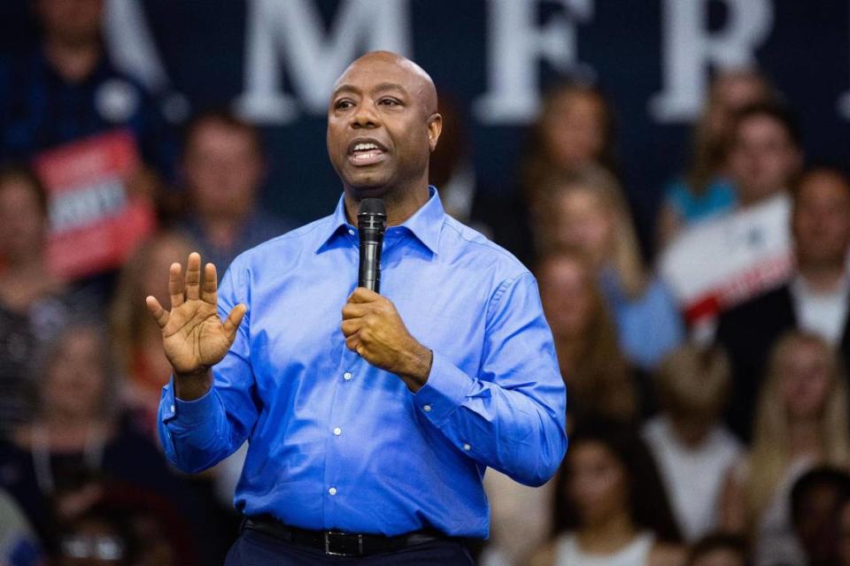 Senator Tim Scott announces his bid for the presidency at Charleston Southern University on Monday, May 22, 2023.