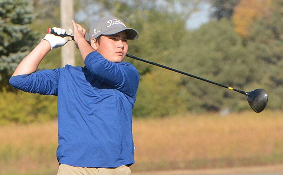 Cole Brust of Aberdeen Central hits a tee shot on No. 3 Red during the final day of the state Class AA high school boys golf tournament on Tuesday, Oct. 8, 2024 at Cattail Crossing Golf Course in Watertown.