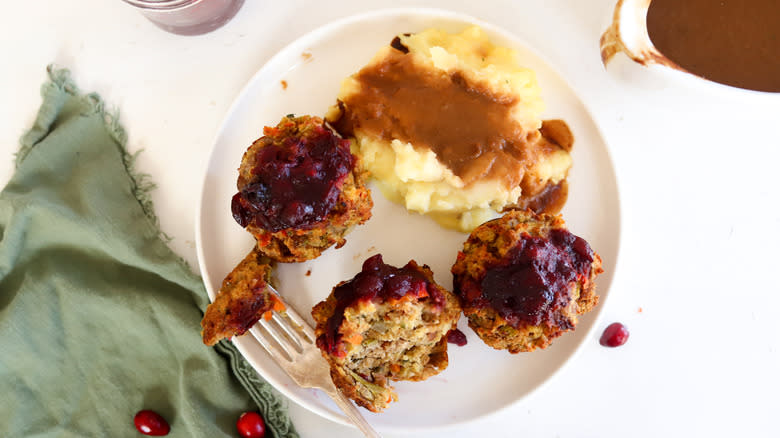 turkey meatloaf muffins on plate with fork