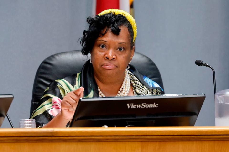 Durham city council member Monique Holsey-Hyman speaks during a council work session at City Hall in Durham, N.C., Thursday, Sept. 7, 2023.