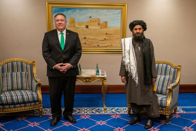 While some Republicans are now slamming the idea of engagement with Hamas, Trump administration figures, including Secretary of State Mike Pompeo (left), shown here during a Nov. 21, 2020, meeting with a Taliban delegation in Doha, held unprecedented high-level talks with the Afghanistan militants.