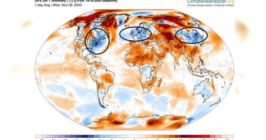 全球最近一天的氣溫距平圖。（圖／翻攝自Facebook／鄭明典）