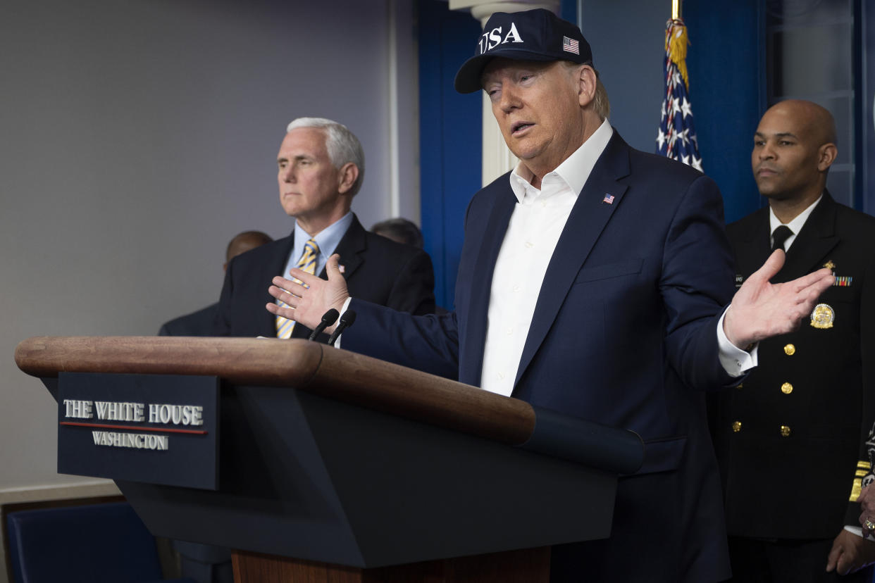 US President Donald Trump speaks during a press briefing about the Coronavirus (COVID-19) alongside US Vice President Mike Pence (L) and members of the Coronavirus Task Force in the Brady Press Briefing Room at the White House in Washington, DC, March 14, 2020. - President Donald Trump says he has taken coronavirus test, no result yet. (Photo by JIM WATSON / AFP) (Photo by JIM WATSON/AFP via Getty Images)