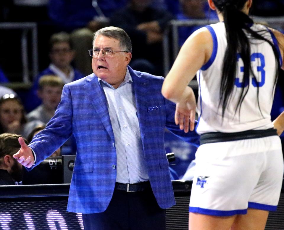 Middle Tennessee head women's coach Rick Insell on the sidelines during the women’s basketball game between Middle Tennessee and Western in Murphy Center at MTSU on Saturday, Feb. 3, 2024.