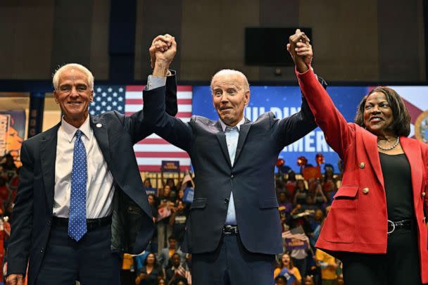 PHOTO: Charlie Crist, Democratic Gubernatorial candidate for Florida, President Joe Biden and Val Demings, Democratic Senatorial candidate for Florida at a campaign event, Nov. 1, 2022, in Miami Gardens, Fla. (Jim Watson/AFP via Getty Images)