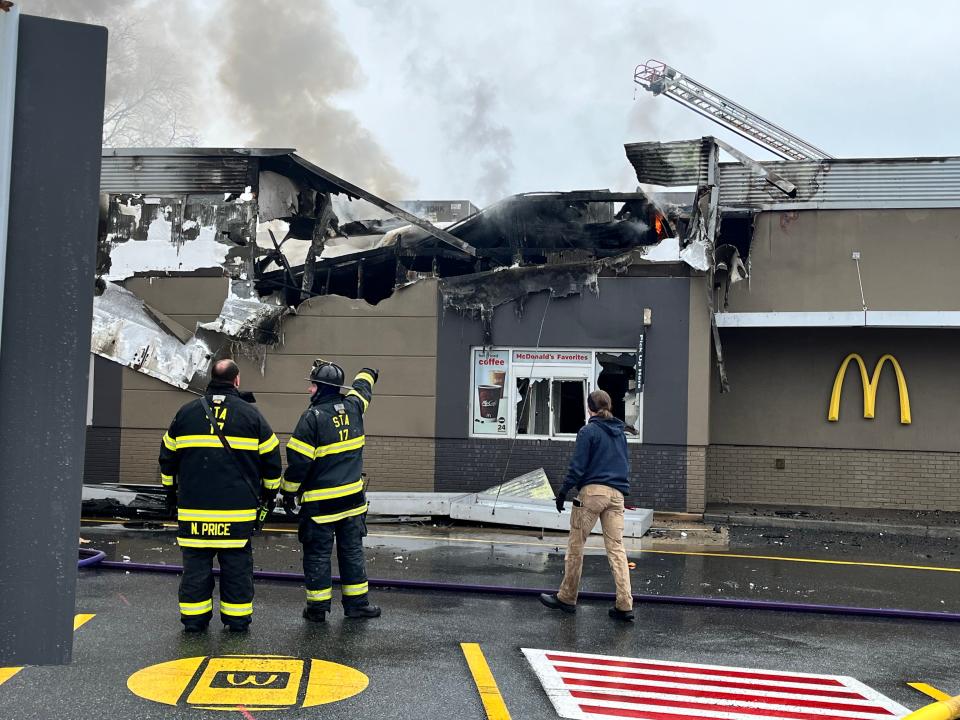 A section of Concord Pike (Route 202) is closed in Talleyville as responders battle a fire that has heavily damaged a McDonald's restaurant on Thursday (Jan. 18, 2024).