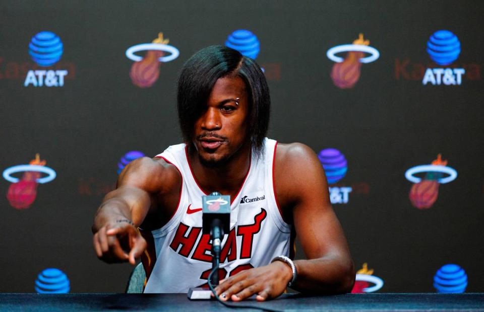 Miami Heat forward Jimmy Butler (22) speaks with media during the NBA basketball team’s media day at the Kaseya Center on Monday, Oct. 2, 2023, in Miami, Florida.