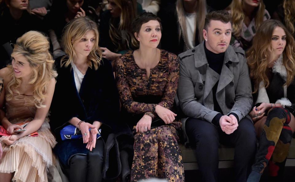 (L-R) Paloma Faith, Clemence Posey, Maggie Gyllenhaal, Sam Smith and Cara Delevingne attend the Burberry Prorsum AW 2015 show