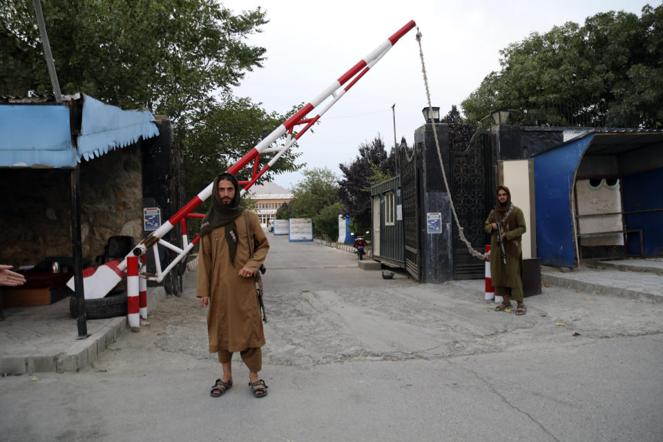 Taliban fighters stand guard in Kabul, Afghanistan, Tuesday, July 25, 2023. The Taliban announced Tuesday that all beauty salons in Afghanistan must now close as a one-month deadline ended, despite rare public opposition to the edict. (AP Photo/Siddiqullah Khan)