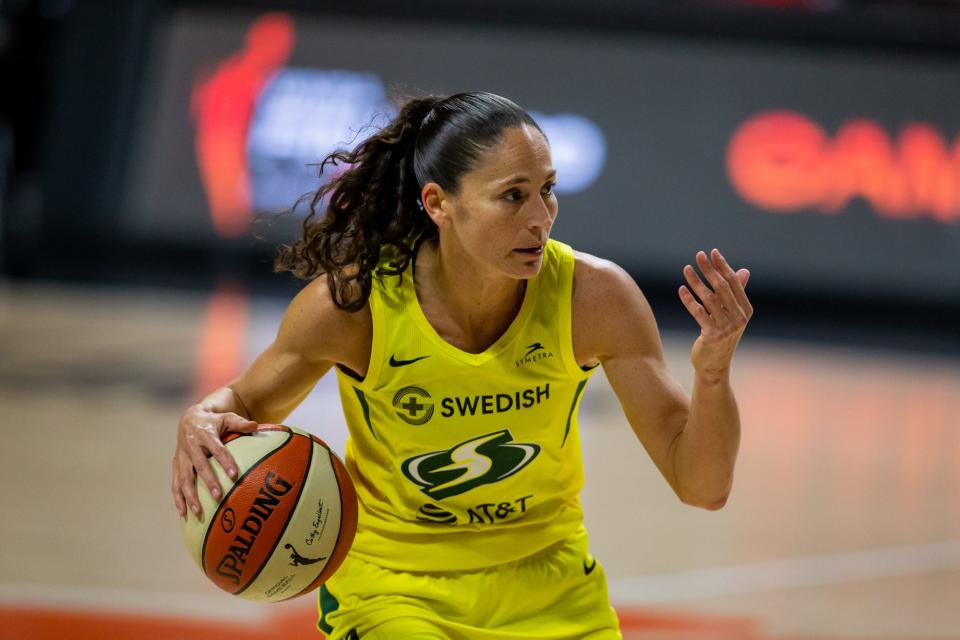 Seattle point guard Sue Bird directs traffic during Game 2 of the 2020 WNBA Finals against the Las Vegas Aces.