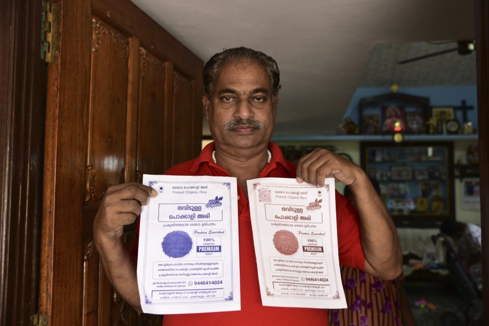 Joseph PV displays pamphlets which he along with his son, Tom, created to promote the sale of their Pokkali rice crop in Chathamma, Kochi, Kerala state, India, April 22, 2023. When Tom could not convince his father to get into year-round prawn cultivation, Tom reached a deal with him: "Grow pokkali, but leave marketing to me". (AP Photo/R S Iyer)
