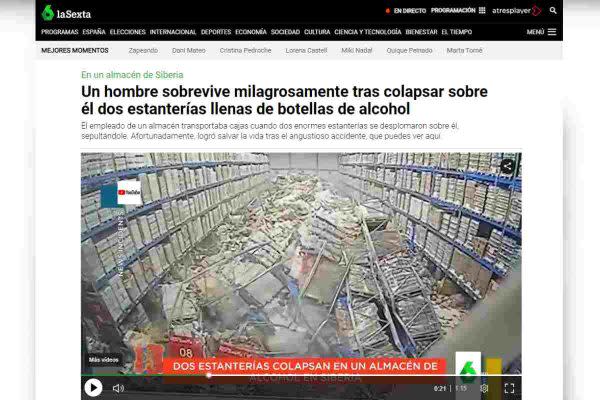 Captura de pantalla del medio La Sexta sobre colapso en almacén en Rusia en noviembre de 2021 