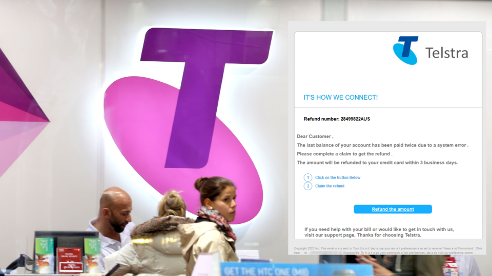 The Telstra logo and a copy of the scam email impersonating the company.