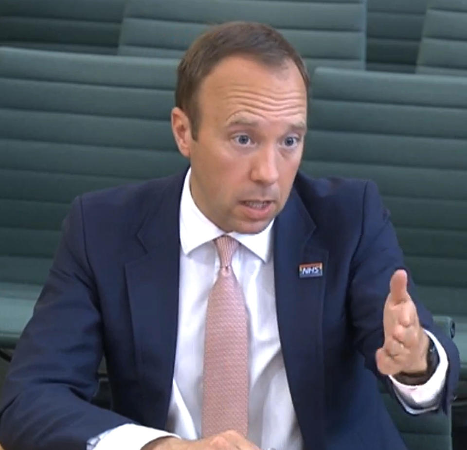 Health Secretary Matt Hancock giving evidence to the Science and Technology Committee and Health and Social Care Committee on Thursday. (PA)