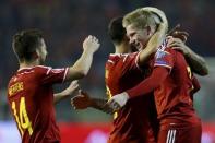 Belgium's Kevin De Bruyne (R) celebrates with Dries Mertens (L) after scoring against Israel during their Euro 2016 group B qualifying soccer match at King Baudouin stadium in Brussels, October 13, 2015. REUTERS/Francois Lenoir