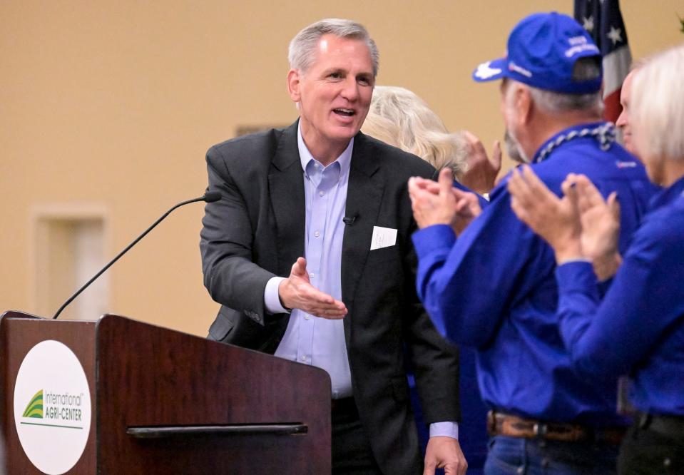 Speaker of the United States House of Representatives Kevin McCarthy greets officials Tuesday, February 14, 2023 during opening ceremonies for World Ag Expo at the International Agri-Center in Tulare.