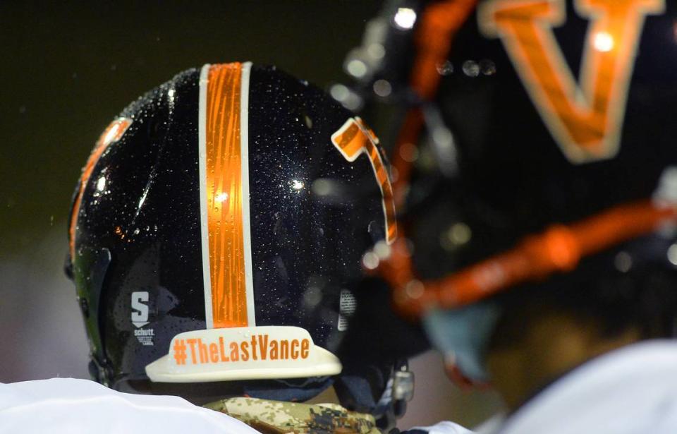 The back of the Vance Cougars football helmets carry the hashtag #TheLastVance. The school has been renamed in honor of civil rights attorney Julius L. Chambers, but the athletic teams don’t become the Chambers Cougars until July 2021.