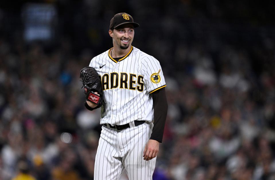 Sep 19, 2023; San Diego, California, USA; San Diego Padres starting pitcher Blake Snell (4) smiles after the last out of the top of the sixth inning was recorded against the Colorado Rockies at Petco Park. Mandatory Credit: Orlando Ramirez-USA TODAY Sports