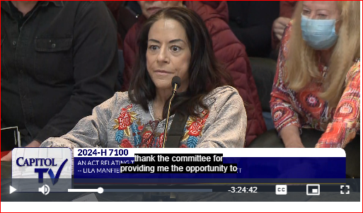 In an image taken from Capitol TV, Linda Abrants testifies before the House Judiciary Committee on Feb. 15 on a bill that would legalize assisted suicide in Rhode Island.