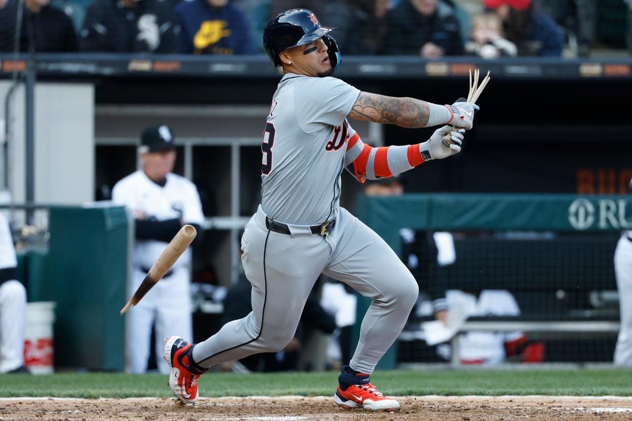 Detroit Tigers shortstop Javier Baez breaks his bat during the ninth inning of the Opening Day game against the Chicago White Sox at Guaranteed Rate Field on Thursday, March 28, 2024 in Chicago.