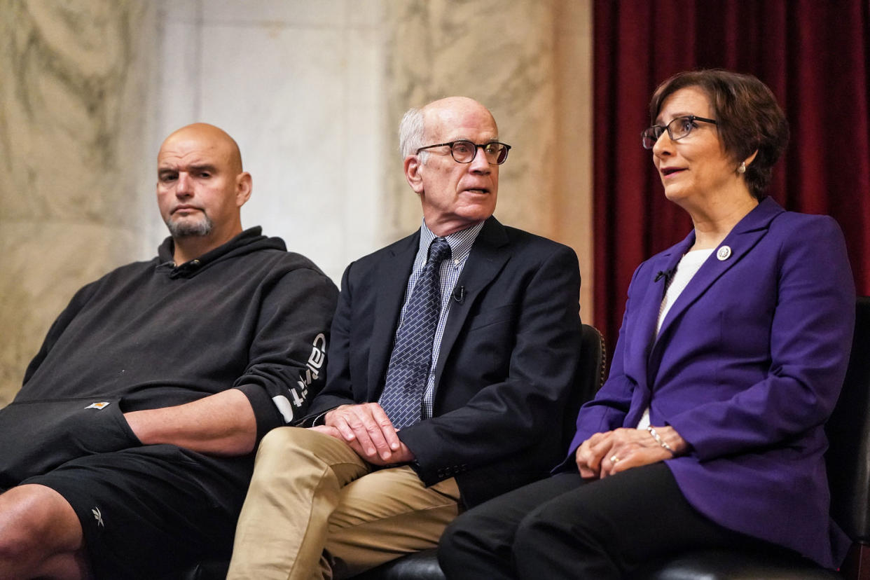 Sens. John Fetterman, D-Pa., and Peter Welch, D-Vt., and Rep. Suzanne Bonamici, D-Ore., are interviewed at the Capitol about legislation to fund theaters on April 11. (Frank Thorp V / NBC News)