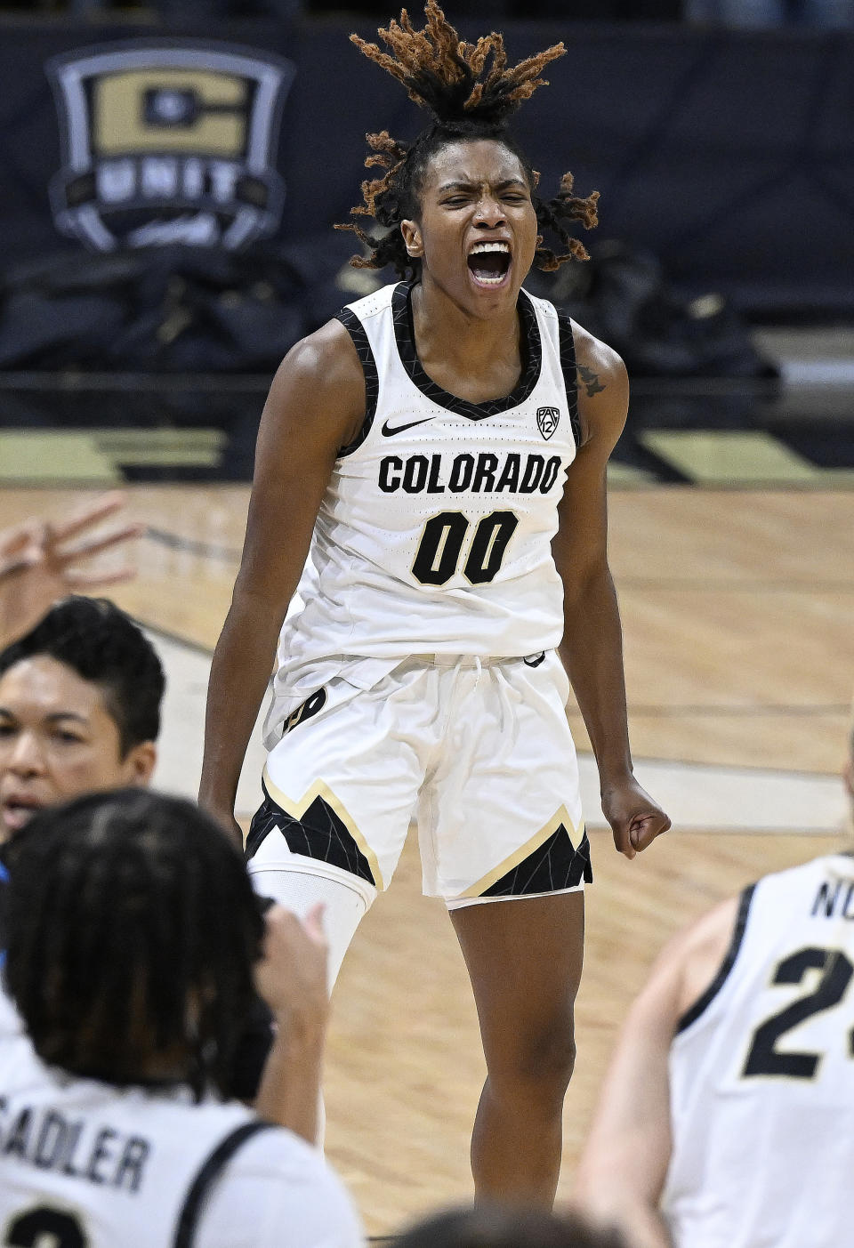 Colorado guard Jaylyn Sherrod reacts after hitting a 3-point basket against Stanford in the first half of an NCAA college basketball game Sunday, Jan. 14, 2024, in Boulder, Colo. (AP Photo/Cliff Grassmick)