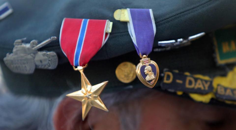 Medals adorn a U.S. Army cap that was worn by veteran Juan Cedillo.