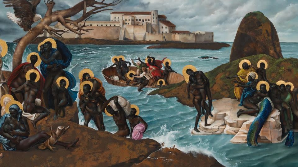 “Migration of the Gods” depicts enslaved Africans carrying their gods on their backs amid “the horrors of the Middle Passage, condensing time and geography into a single painting.” - Lucy Garrett/Harmonia Rosales